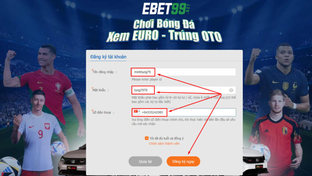 Bạn chỉ cần cung cấp đầy đủ thông tin là có thể đăng ký EBET99 ngay